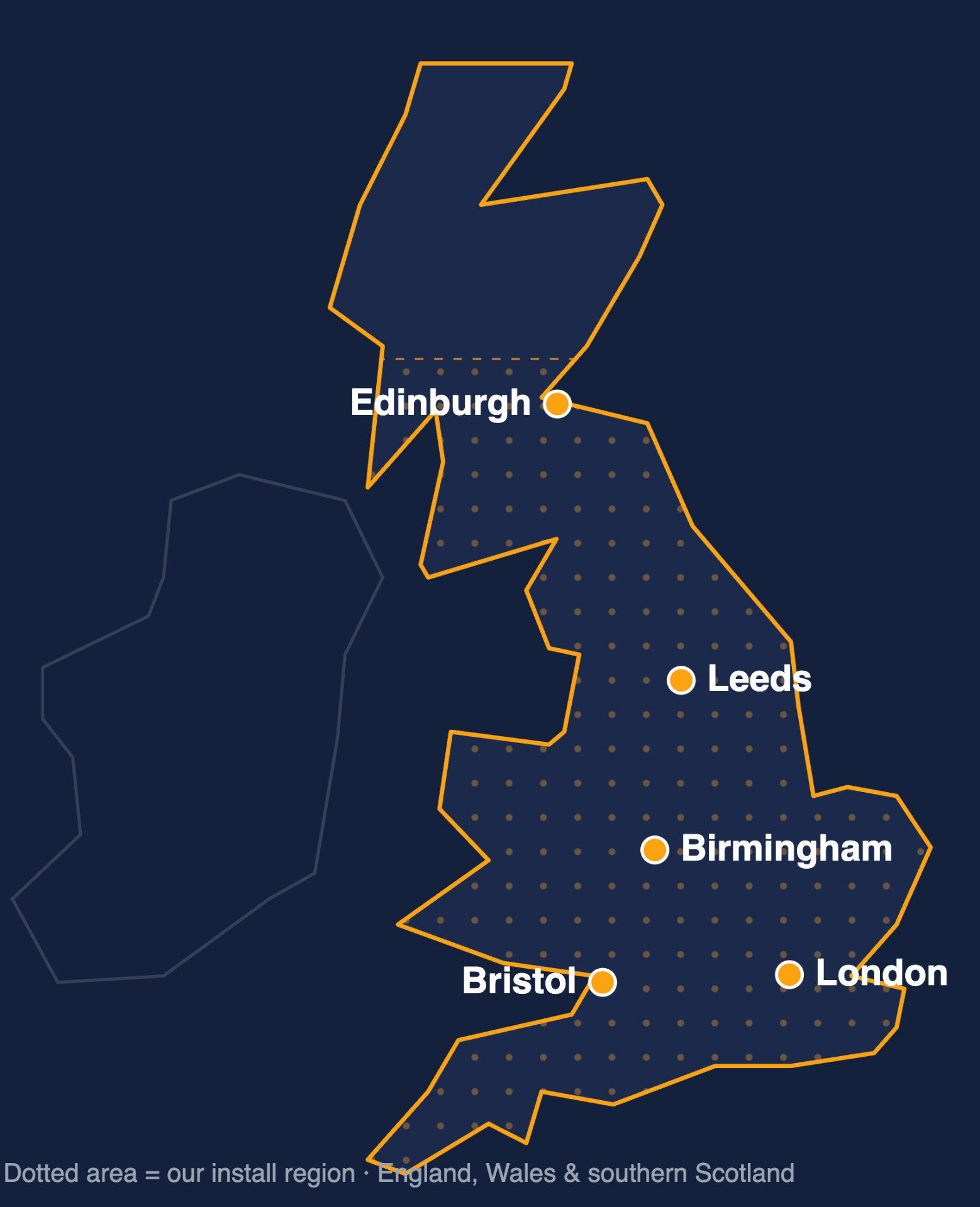 Map of the British Isles showing our installation area across England, Wales and southern Scotland